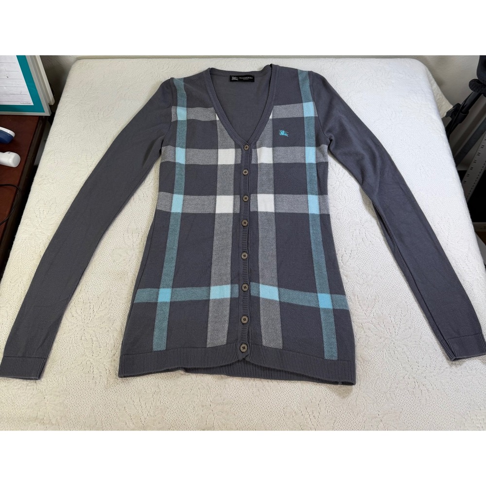 Burberry London Gray Plaid V-Neck Cardigan Cotton Blend Made in Italy Preppy